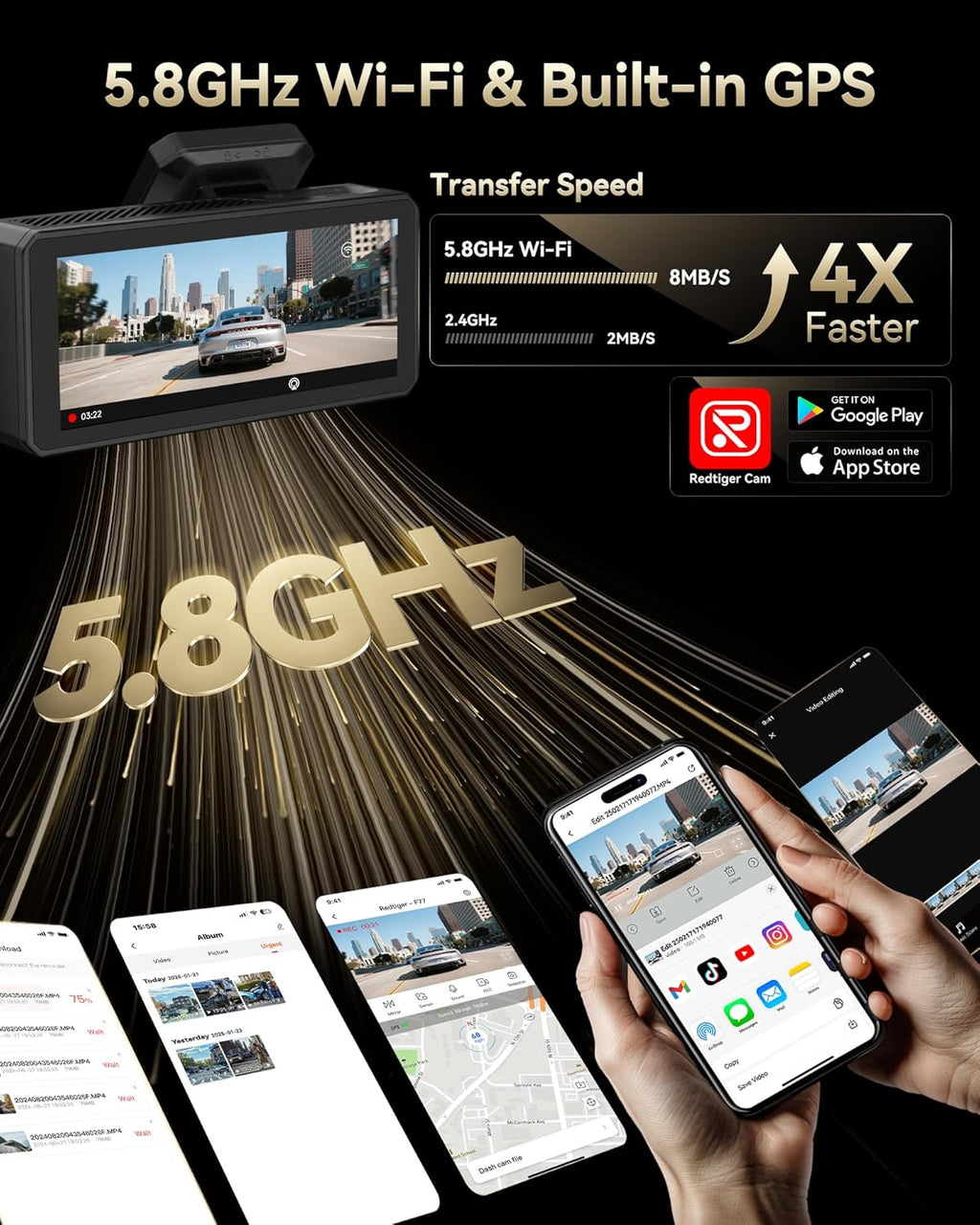 F77 4K+4K Dual Dash Cam for Cars, 2CH STARVIS 2 IMX678, 128GB Emmc | Voice Control, 5.8Ghz Wifi APP, 4'' Touch Screen, Precise GPS, WDR Night Vision, 4K HDR Recording Dashcam, 24H Parking Mode