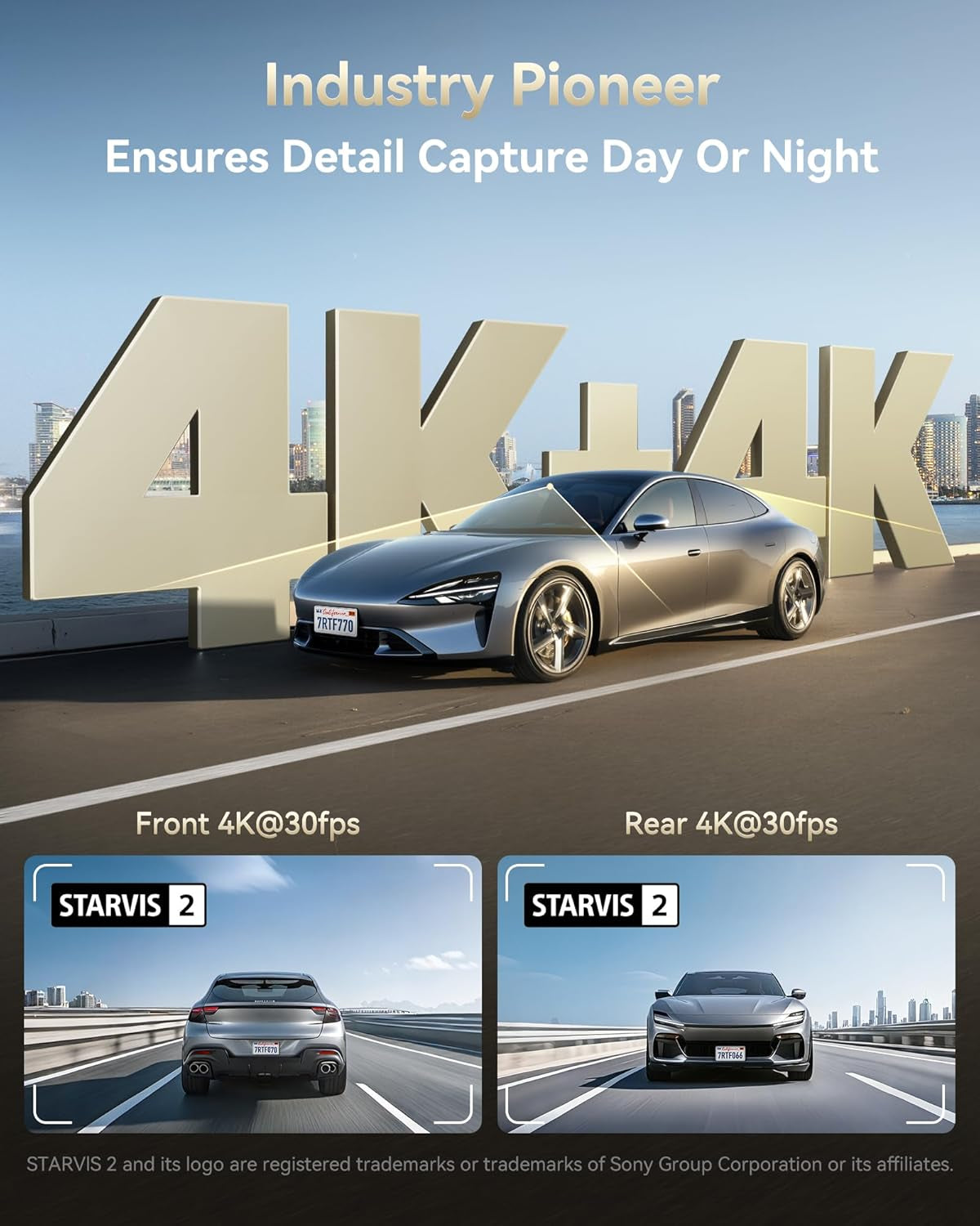 F77 4K+4K Dual Dash Cam for Cars, 2CH STARVIS 2 IMX678, 128GB Emmc | Voice Control, 5.8Ghz Wifi APP, 4'' Touch Screen, Precise GPS, WDR Night Vision, 4K HDR Recording Dashcam, 24H Parking Mode