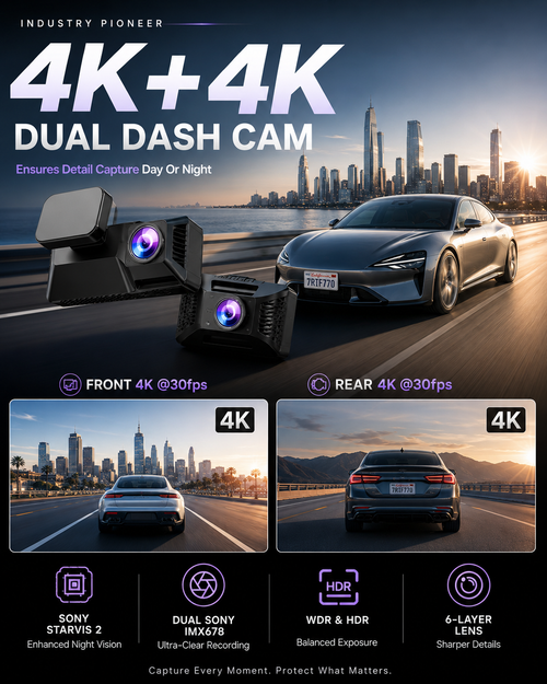 F77 Dual 4K Dash Cam                      -Dual 4k Recording                            -Voice Control                                 -STARVIS Night Vision                      -GPS                                                -5.8GHz WiFi