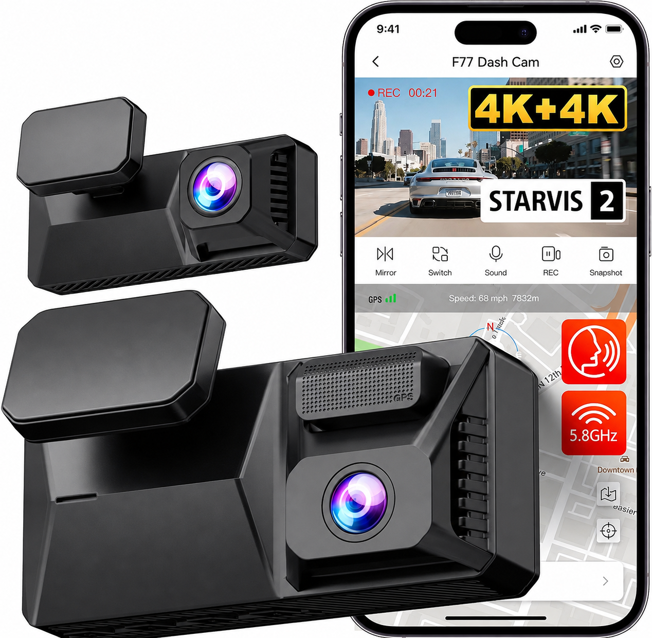 F77 Dual 4K Dash Cam                      -Dual 4k Recording                            -Voice Control                                 -STARVIS Night Vision                      -GPS                                                -5.8GHz WiFi