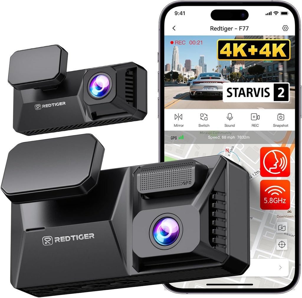 F77 4K+4K Dual Dash Cam for Cars, 2CH STARVIS 2 IMX678, 128GB Emmc | Voice Control, 5.8Ghz Wifi APP, 4'' Touch Screen, Precise GPS, WDR Night Vision, 4K HDR Recording Dashcam, 24H Parking Mode