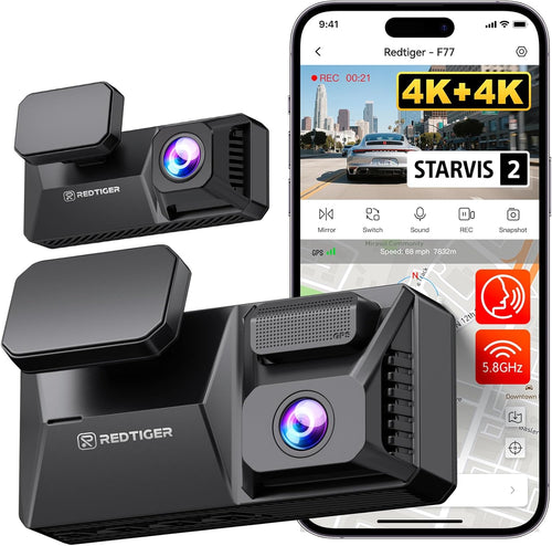 F77 4K+4K Dual Dash Cam for Cars, 2CH STARVIS 2 IMX678, 128GB Emmc | Voice Control, 5.8Ghz Wifi APP, 4'' Touch Screen, Precise GPS, WDR Night Vision, 4K HDR Recording Dashcam, 24H Parking Mode